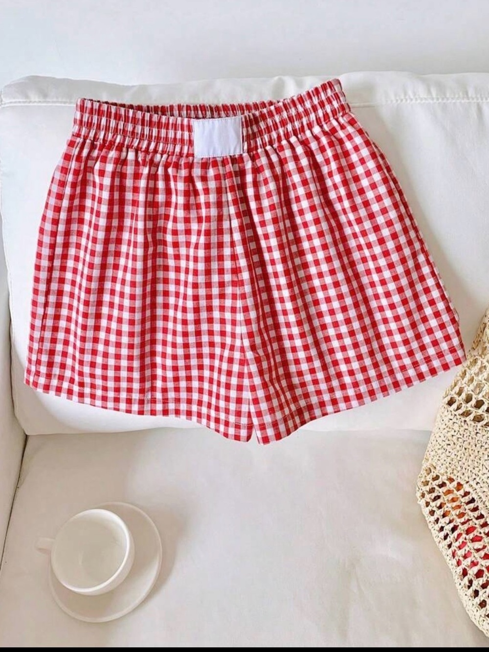 SHEIN Red and White Gingham Elastic-Waist Shorts
